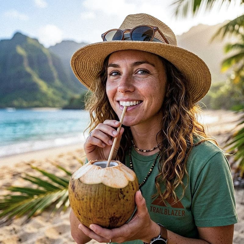 Social Media Travel Blogger drinking a coconut